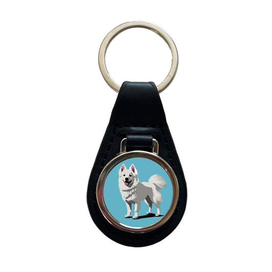 American Eskimo Dog Standing Black Leather Metal Keychain