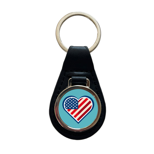 American Flag in Heart Patriotic USA United States Black Leather Metal Keychain