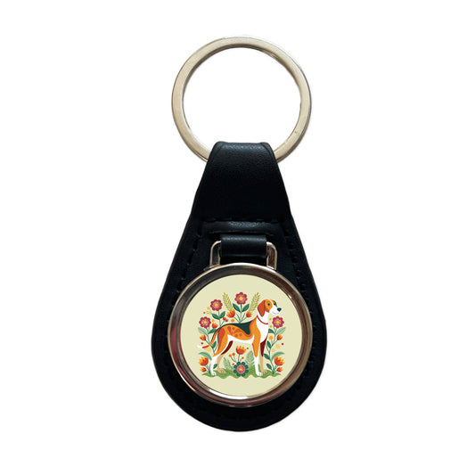 American Foxhound Dog Floral Flowers Black Leather Metal Keychain