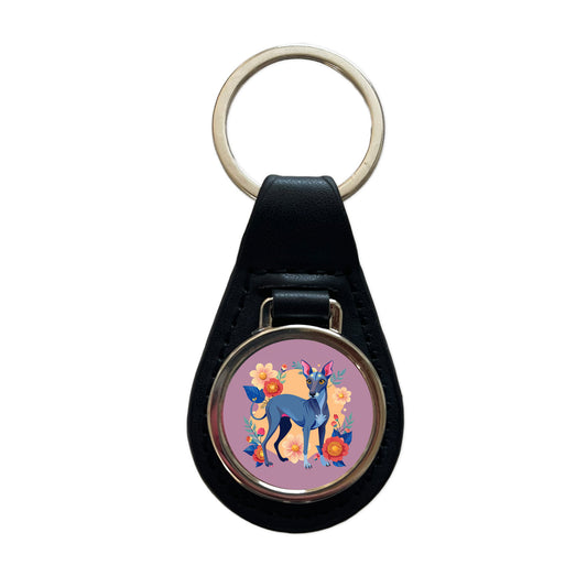 American Hairless Terrier Dog Floral Flowers Black Leather Metal Keychain