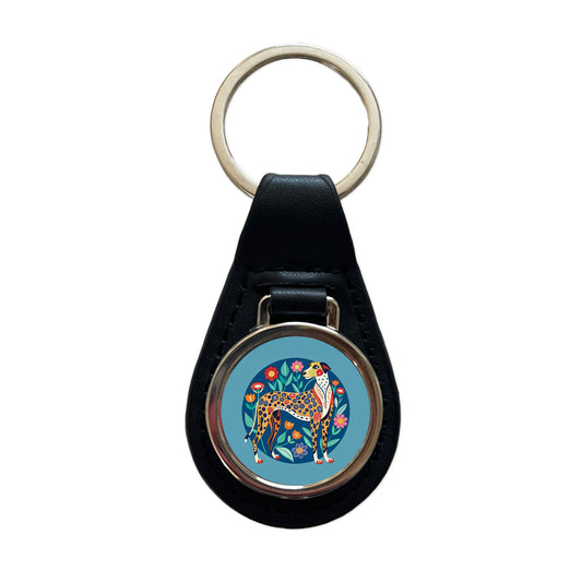 American Leopard Hound Dog Floral Flowers Black Leather Metal Keychain