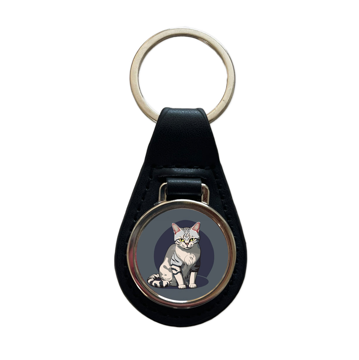 American Shorthair Cat Sitting Black Leather Metal Keychain