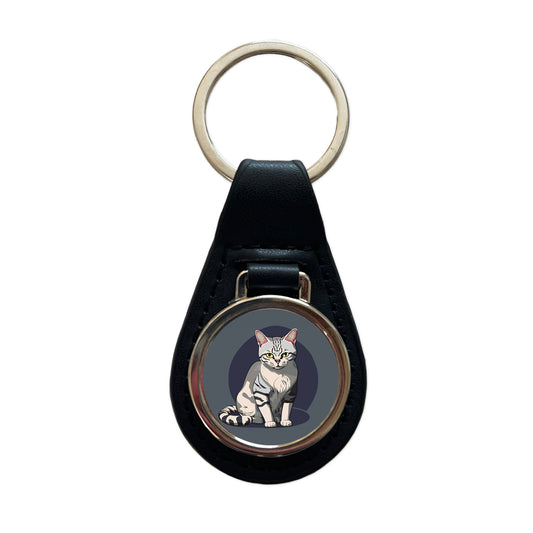 American Shorthair Cat Sitting Black Leather Metal Keychain