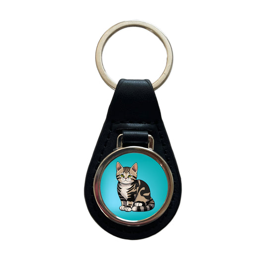 American Shorthair Cute Cat Black Leather Metal Keychain