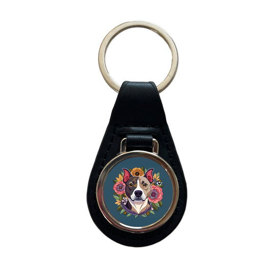 American Staffordshire Terrier Dog Floral Flowers Black Leather Metal Keychain