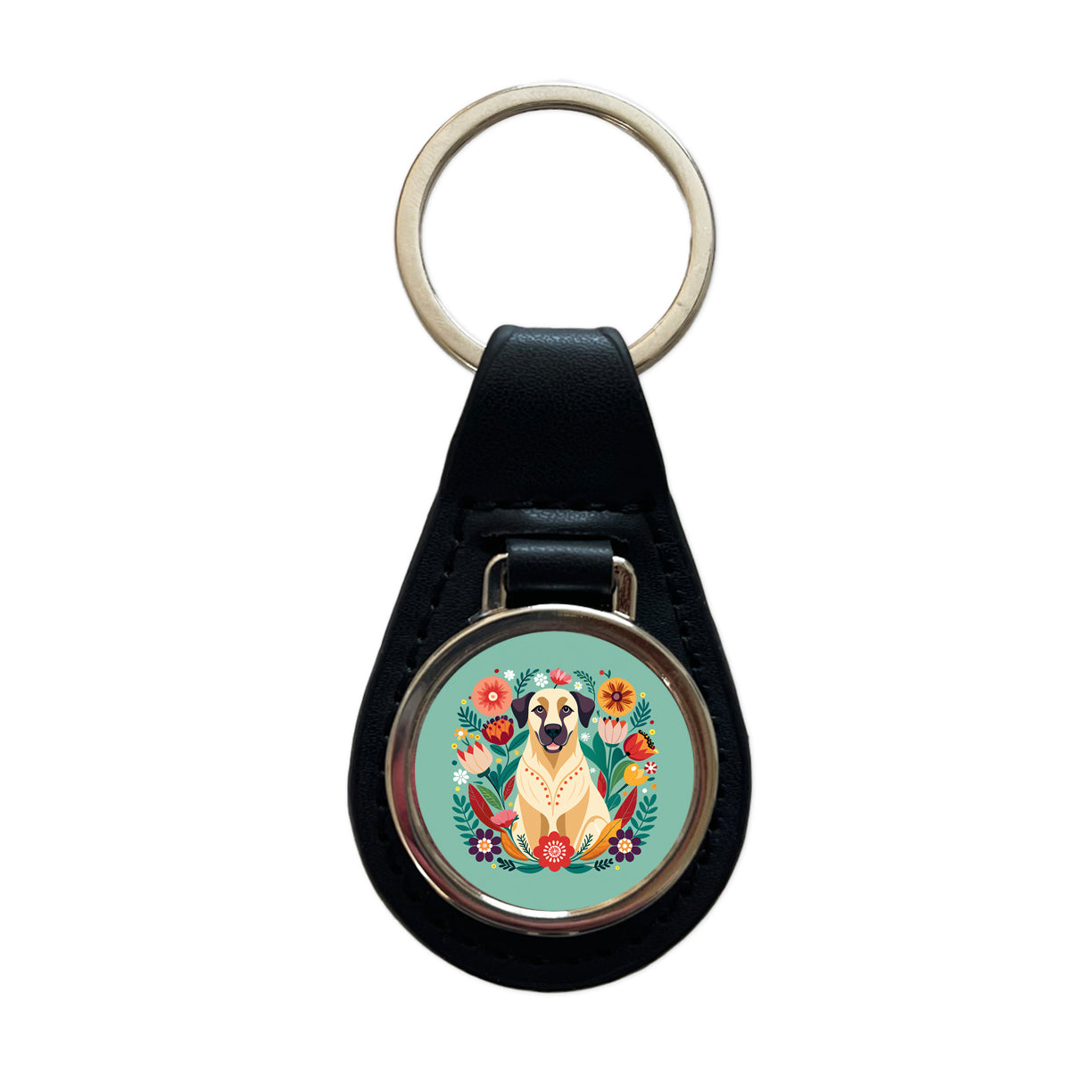 Anatolian Shepherd Dog Floral Flowers Black Leather Metal Keychain