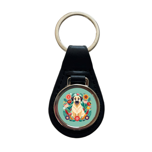 Anatolian Shepherd Dog Floral Flowers Black Leather Metal Keychain