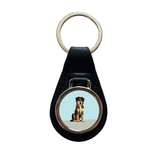 Anatolian Shepherd Dog Sitting Black Leather Metal Keychain
