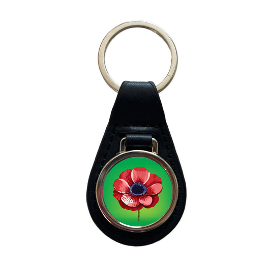 Anemone Flower Watercolor Red Black Leather Metal Keychain