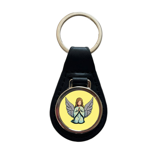 Angel Praying Christian Black Leather Metal Keychain