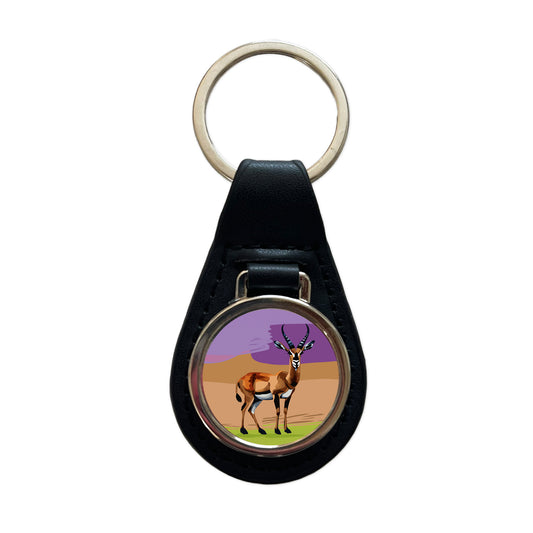 Antelope Buck Watercolor Black Leather Metal Keychain