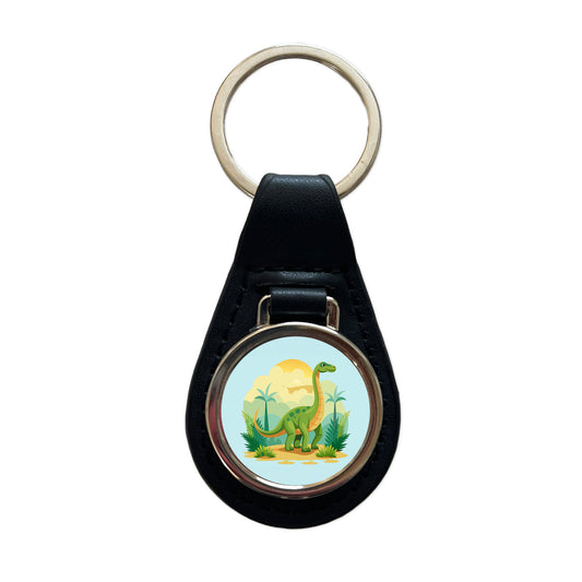 Apatosaurus Dinosaur Black Leather Metal Keychain