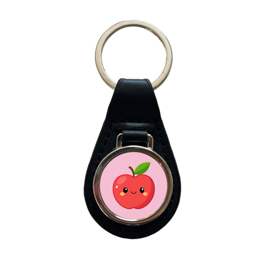Apple Cute Happy Fruit Teacher Black Leather Metal Keychain