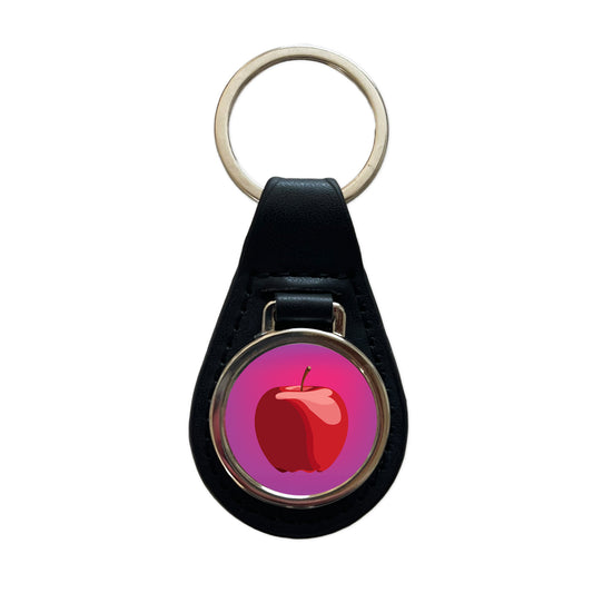 Apple Red Fruit Black Leather Metal Keychain
