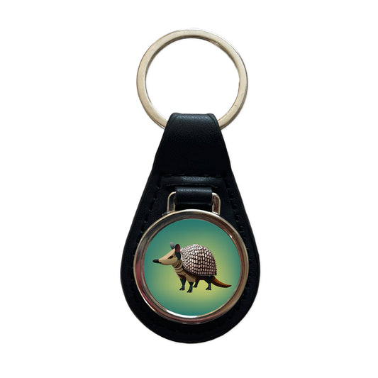 Armadillo Standing Black Leather Metal Keychain