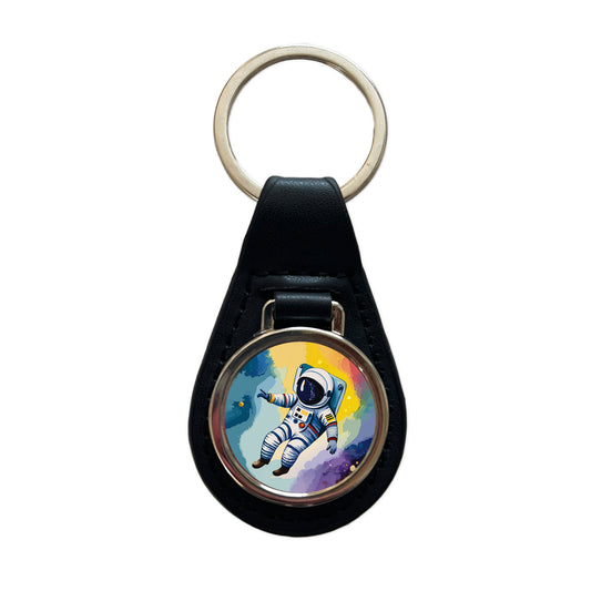 Astronaut Floating in Space Astronomy Black Leather Metal Keychain