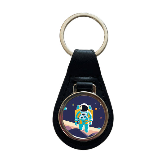 Astronaut in Outer Space Planets Science Fiction Black Leather Metal Keychain