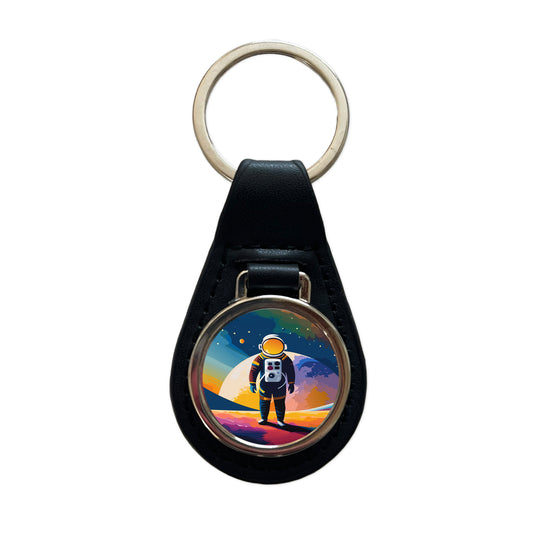 Astronaut Standing Space Astronomy Black Leather Metal Keychain