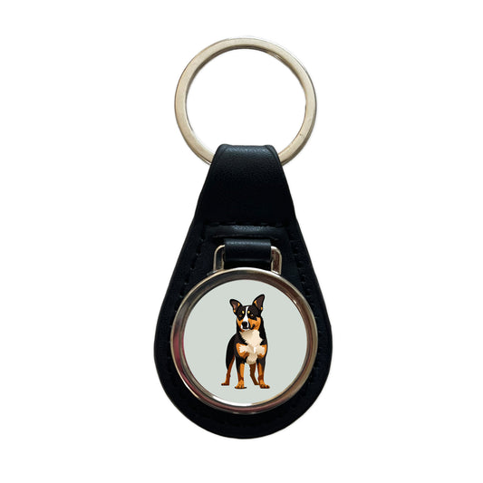 Australian Cattle Dog Standing Black Leather Metal Keychain