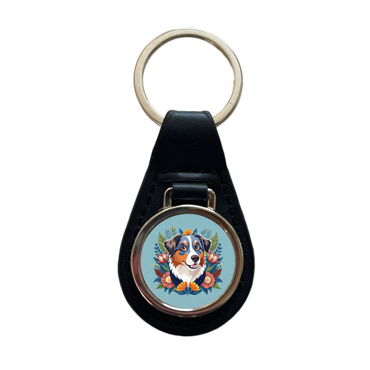 Australian Shepherd Dog Floral Flowers Black Leather Metal Keychain