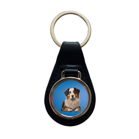 Australian Shepherd Dog Black Leather Metal Keychain