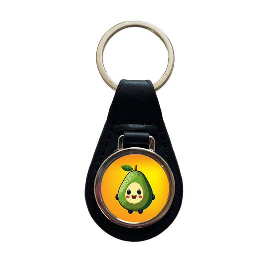 Avocado Smiling Funny Black Leather Metal Keychain
