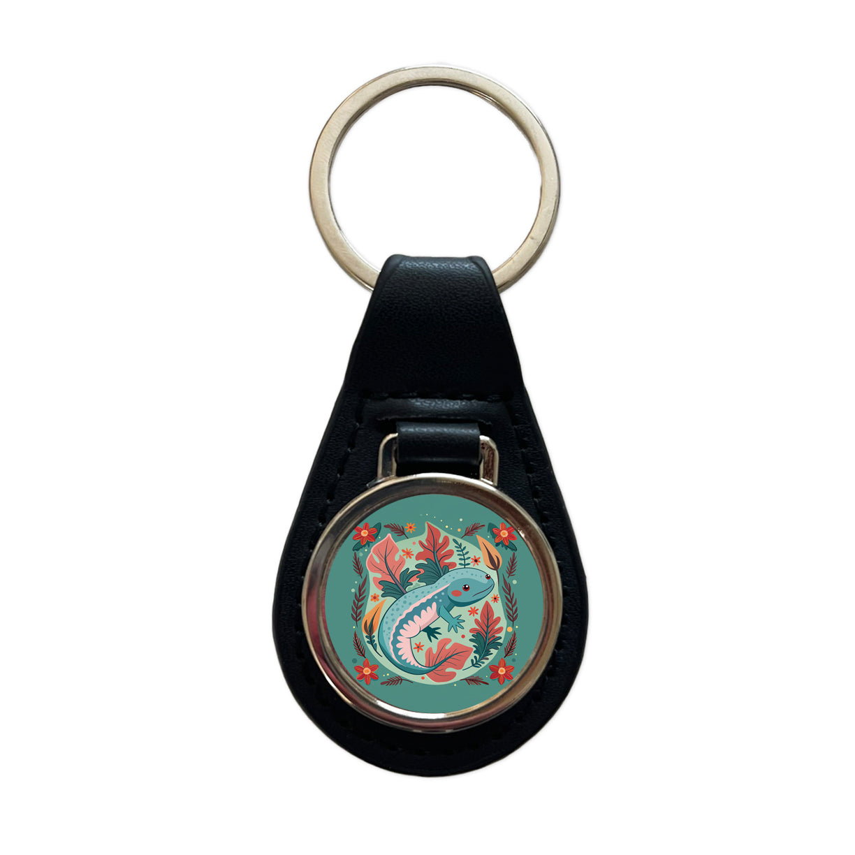 Axolotl Floral Motif Black Leather Metal Keychain