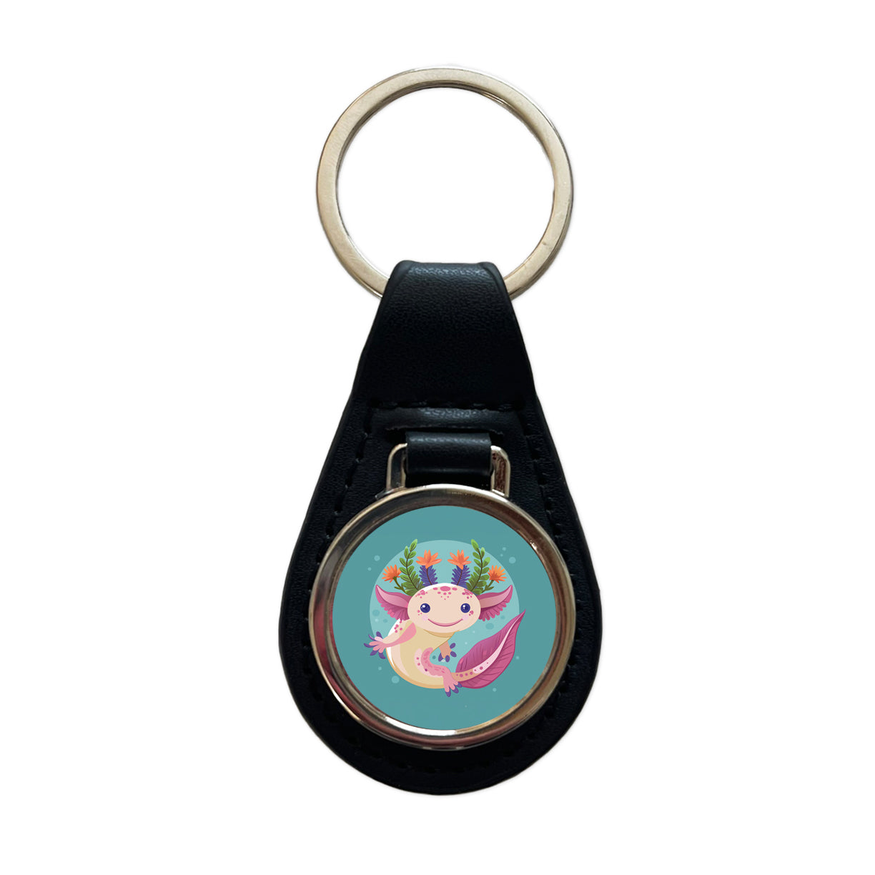 Axolotl Head Floral Flowers Black Leather Metal Keychain