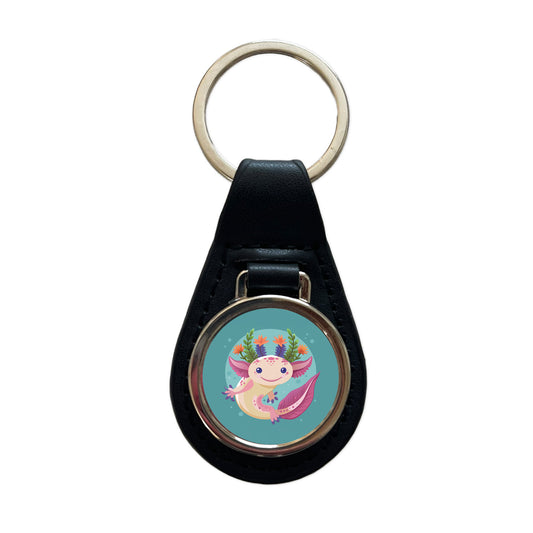 Axolotl Head Floral Flowers Black Leather Metal Keychain