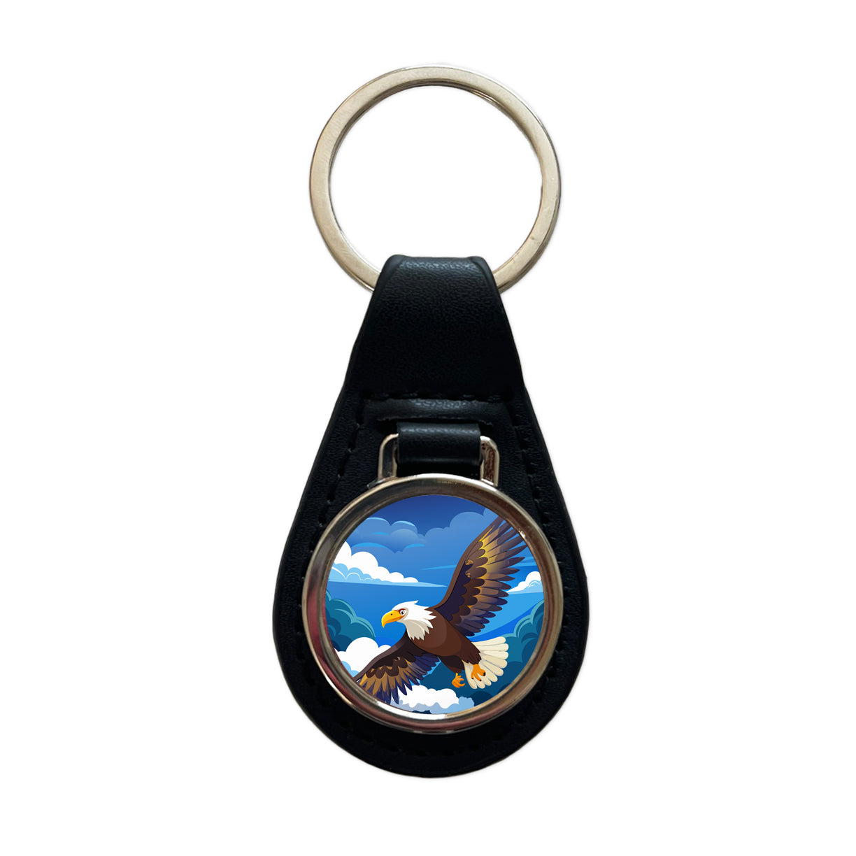 Bald Eagle Flying Black Leather Metal Keychain