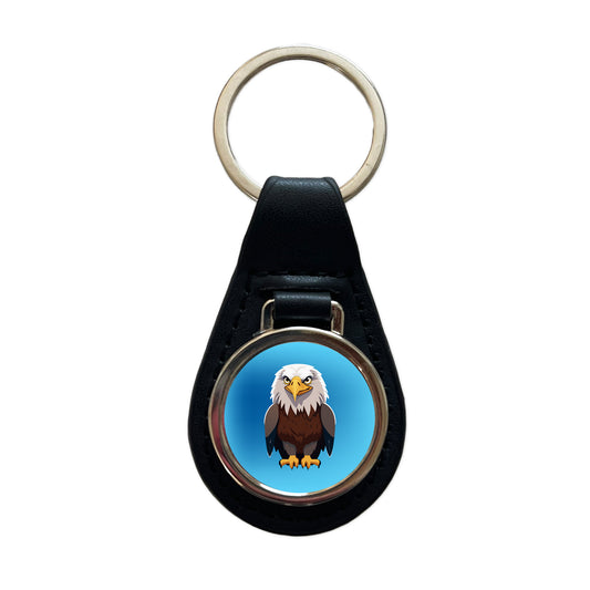 Bald Eagle Standing Black Leather Metal Keychain