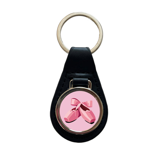Ballet Shoes Pink with Bow Ballerina Black Leather Metal Keychain