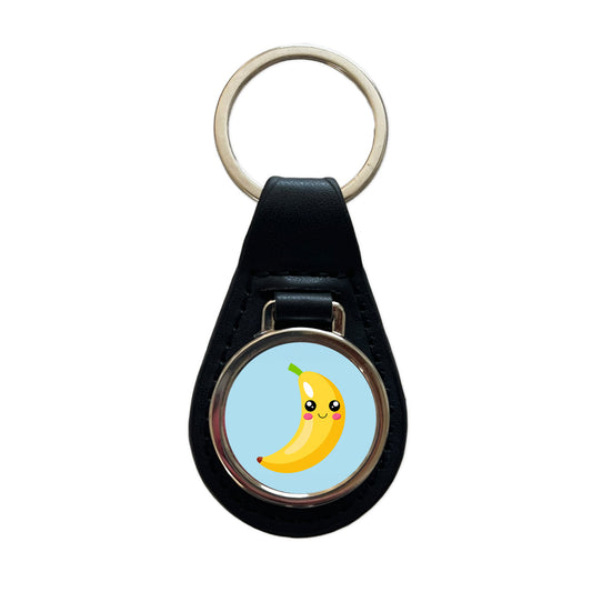 Banana Cute Happy Fruit Black Leather Metal Keychain