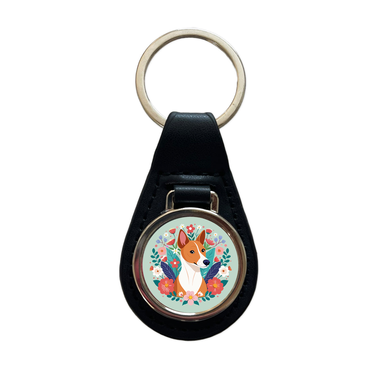 Basenji Dog Floral Flowers Black Leather Metal Keychain