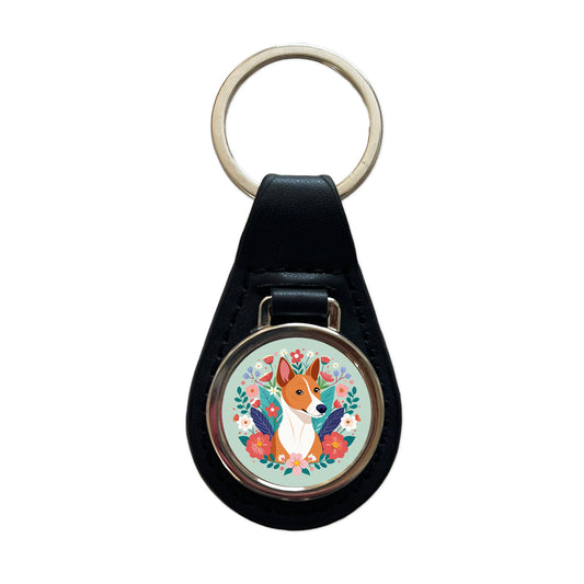 Basenji Dog Floral Flowers Black Leather Metal Keychain