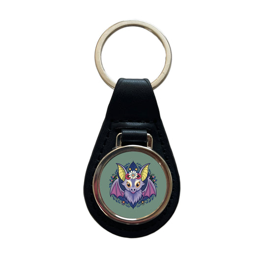 Bat Floral Flowers Halloween Black Leather Metal Keychain