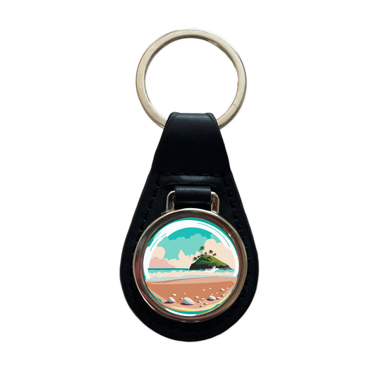Beach Ocean Paradise Tropical Island Vacation Travel Black Leather Metal Keychain