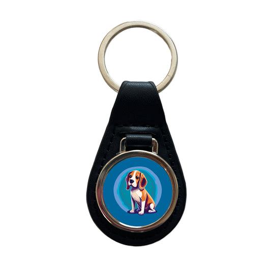 Beagle Dog Sitting Black Leather Metal Keychain
