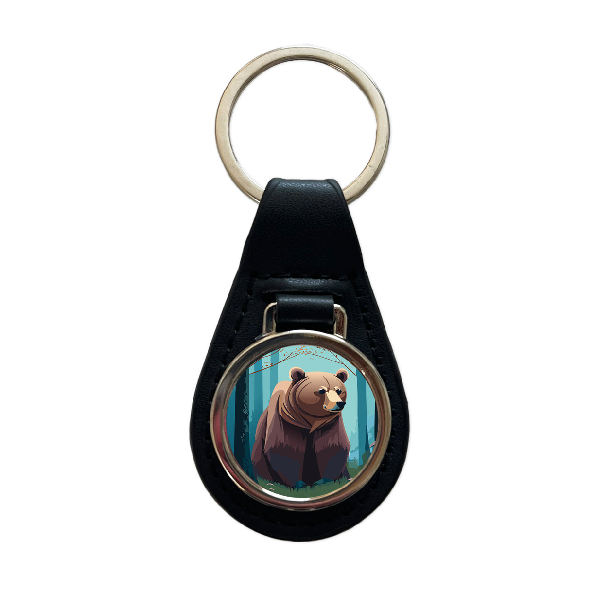 Bear in Forest Woodland Wilderness Black Leather Metal Keychain
