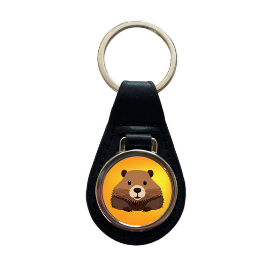 Beaver Cute Staring Black Leather Metal Keychain