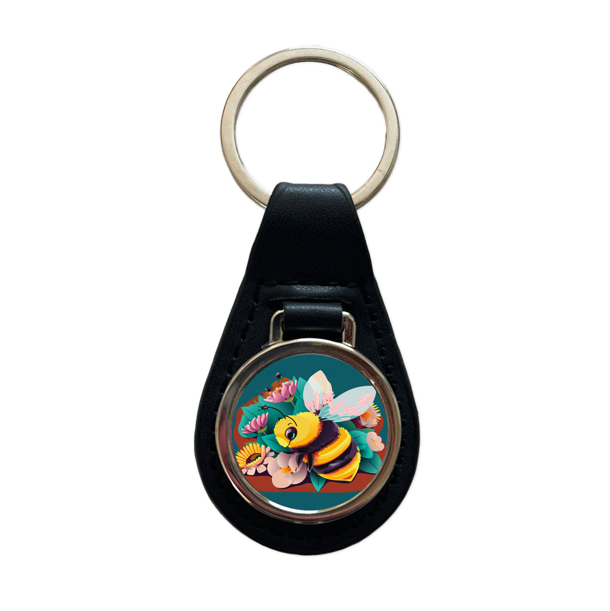Bee and Flowers Floral Black Leather Metal Keychain