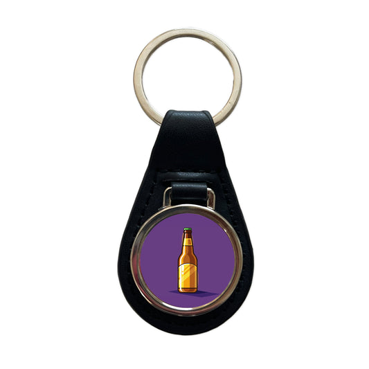 Beer Bottle Black Leather Metal Keychain