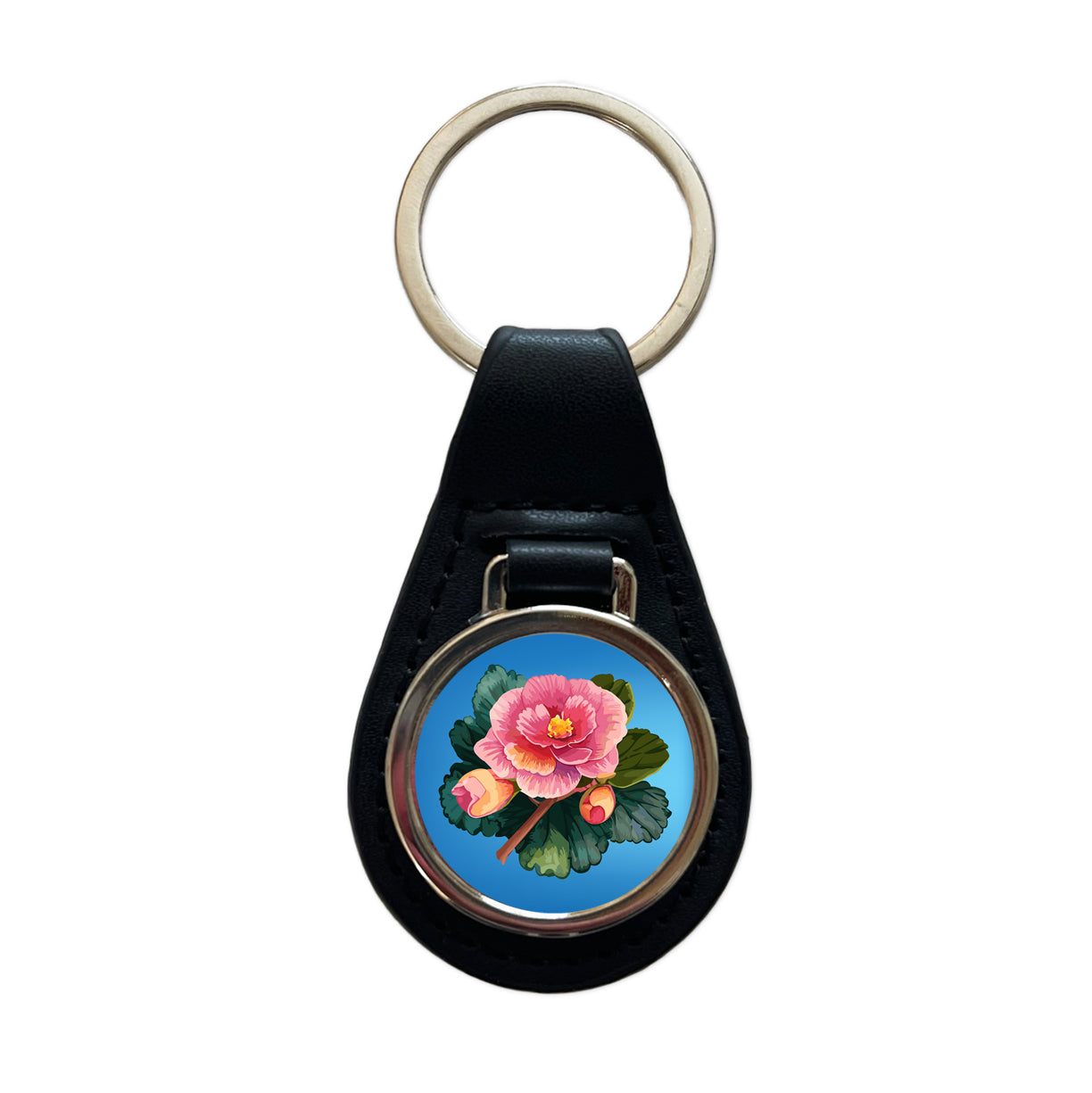 Begonia Flower Watercolor Black Leather Metal Keychain