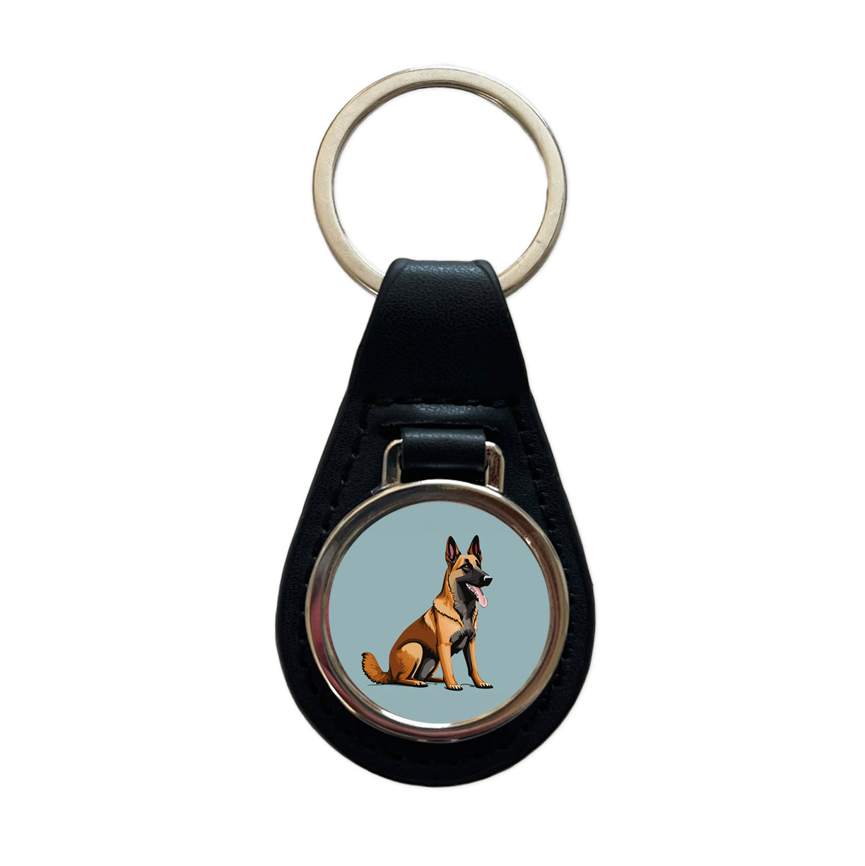 Belgian Shepherd Dog Sitting Black Leather Metal Keychain