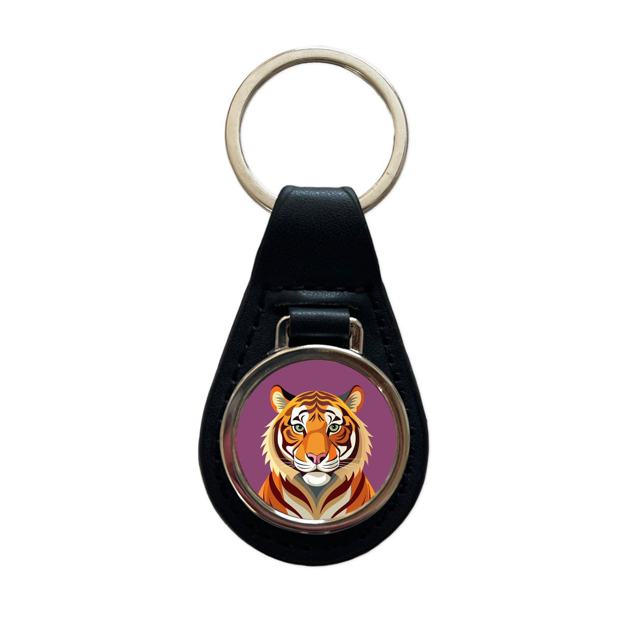 Bengal Tiger Black Leather Metal Keychain