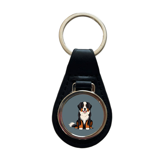 Bernese Mountain Dog Sitting Black Leather Metal Keychain