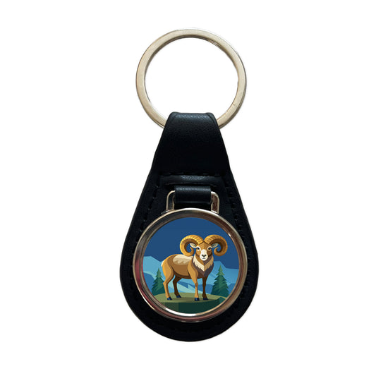 Bighorn Sheep Black Leather Metal Keychain