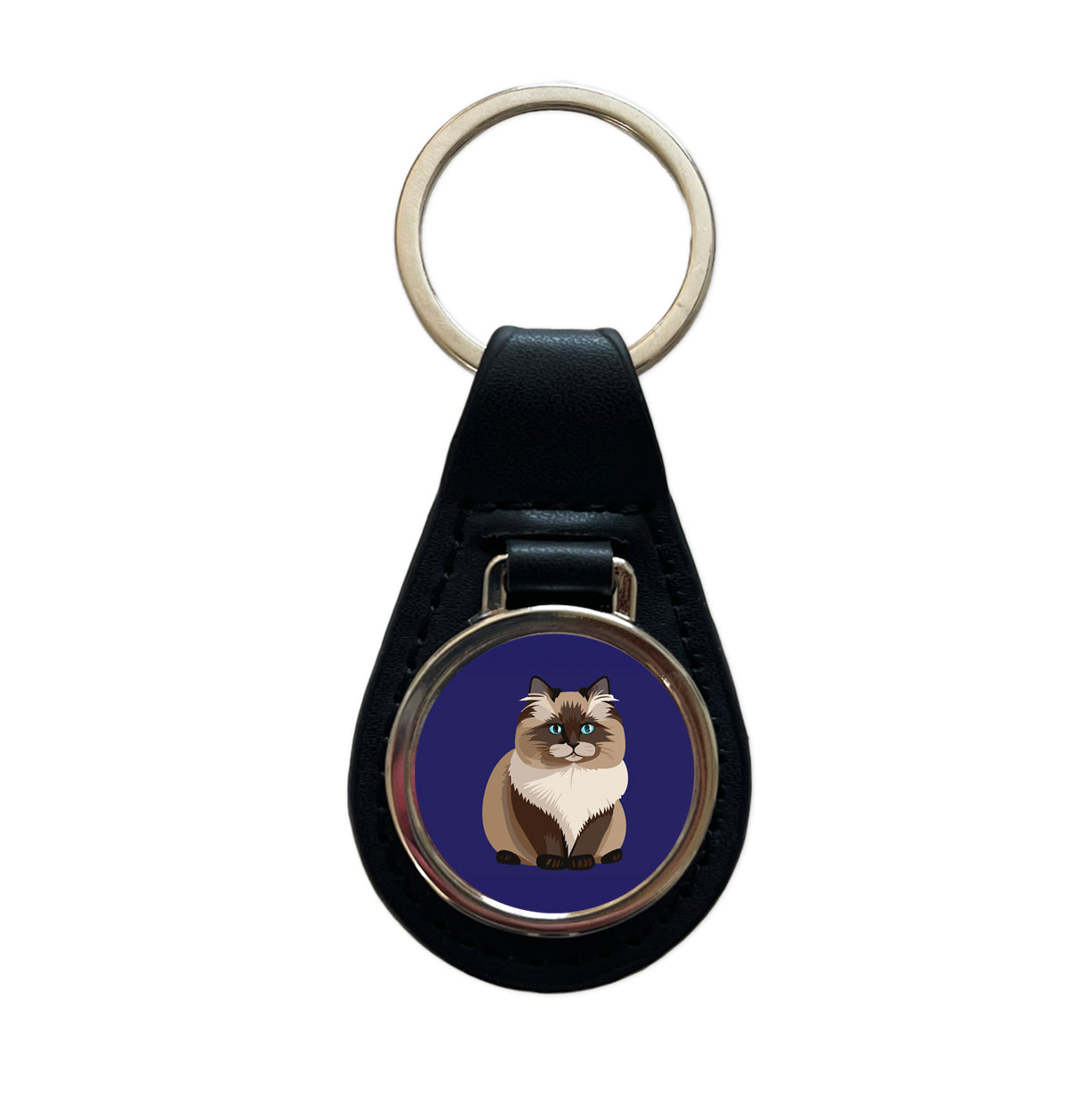 Birman Cat Sitting Black Leather Metal Keychain