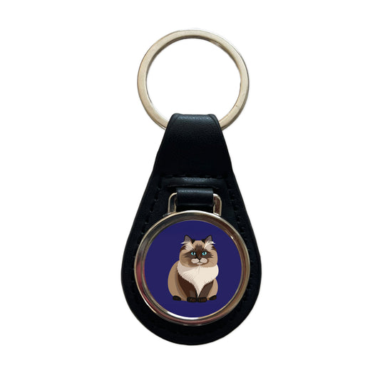 Birman Cat Sitting Black Leather Metal Keychain
