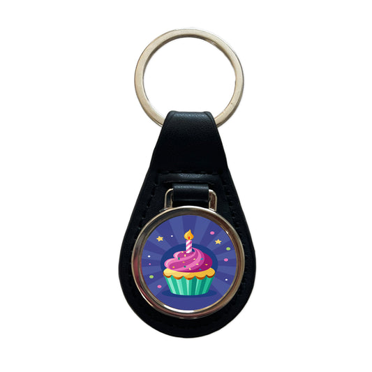 Birthday Cupcake with Candle Black Leather Metal Keychain